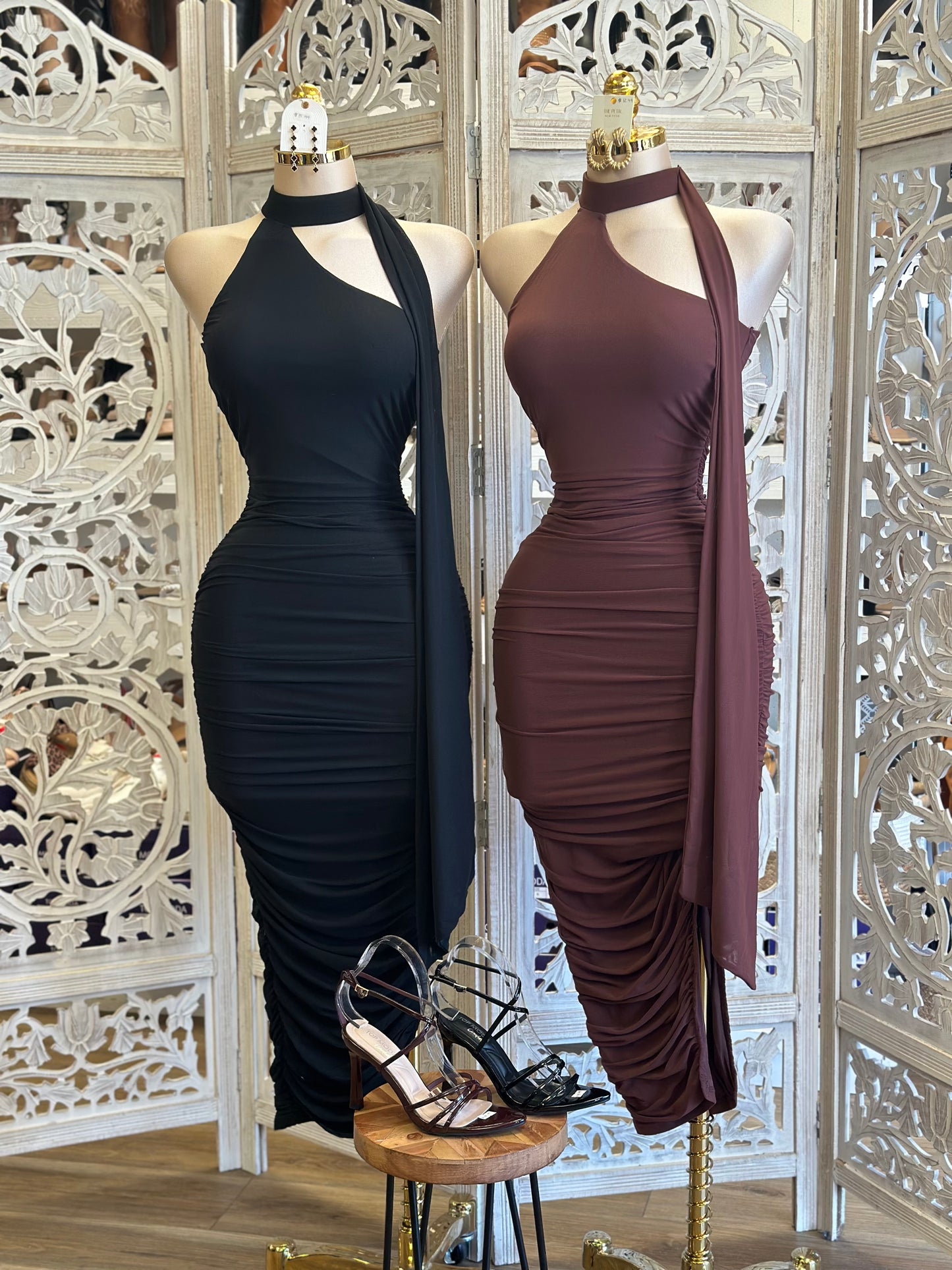 Scarfed High Neck Ruched Midi Dress- Stretchy