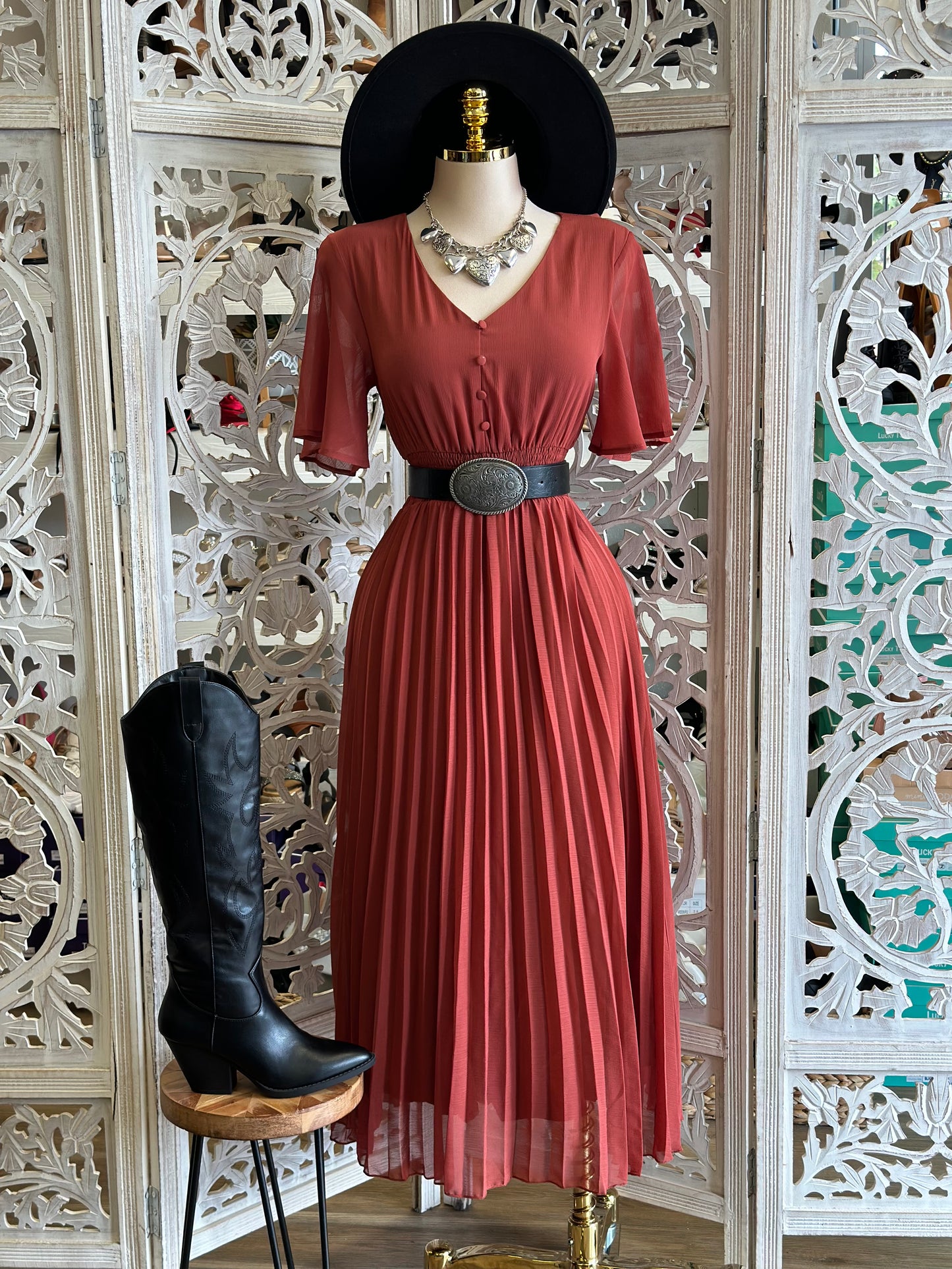 Pleated Button Detail Maxi Dress- Stretchy, Estira