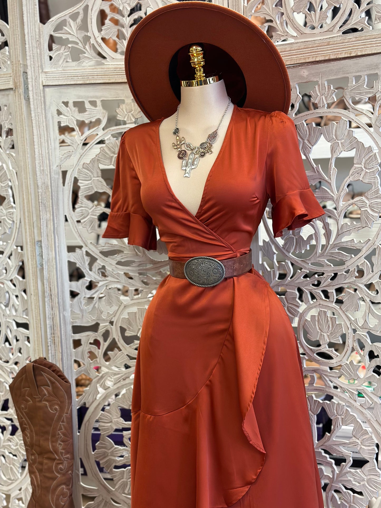 Deep Rust Wrapped Midi Satin Dress- Not Stretchy, No Estira
