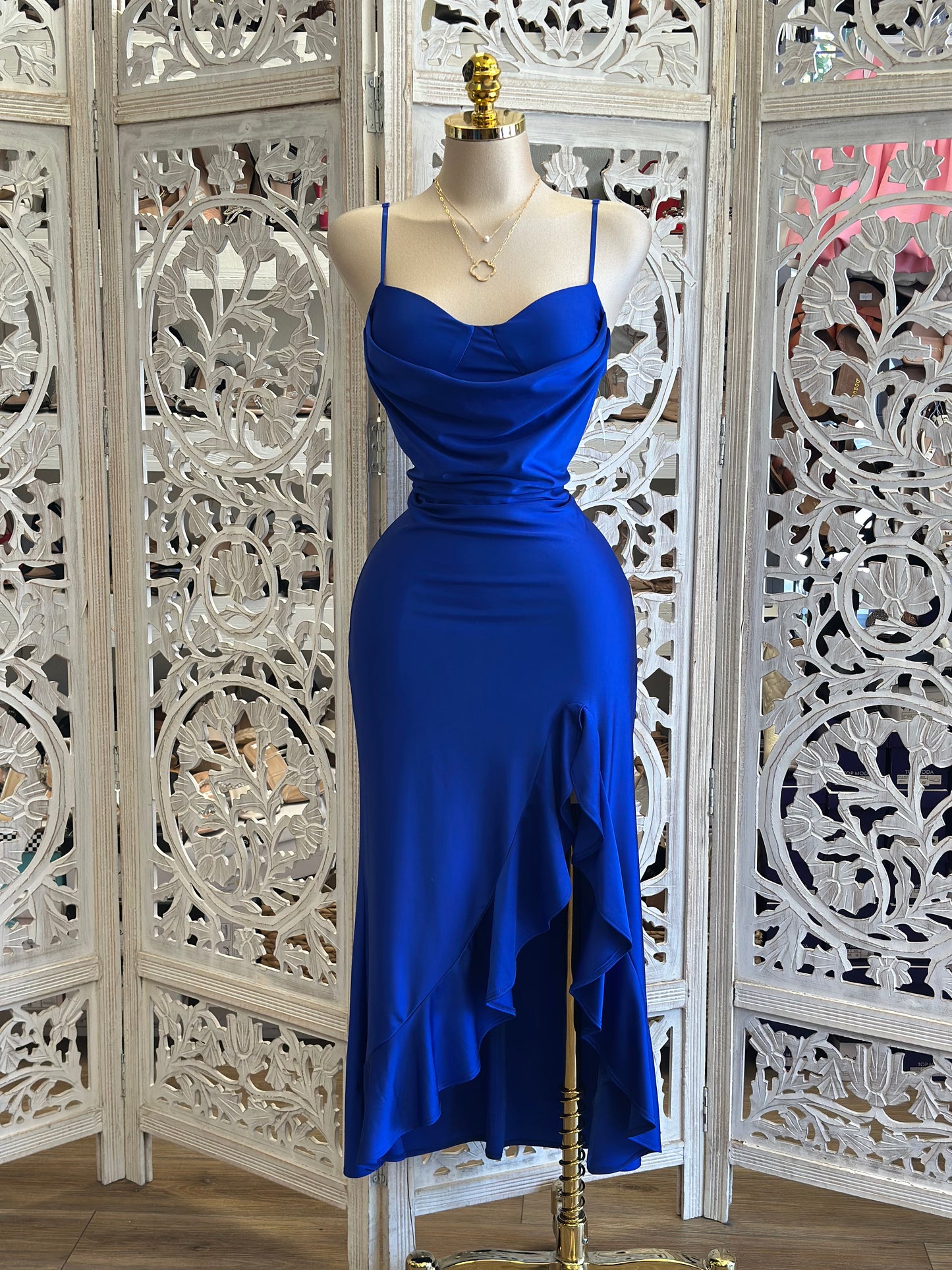 Royal Blue Ruffle Slit Cami Midi Dress - Estira, Stretchy