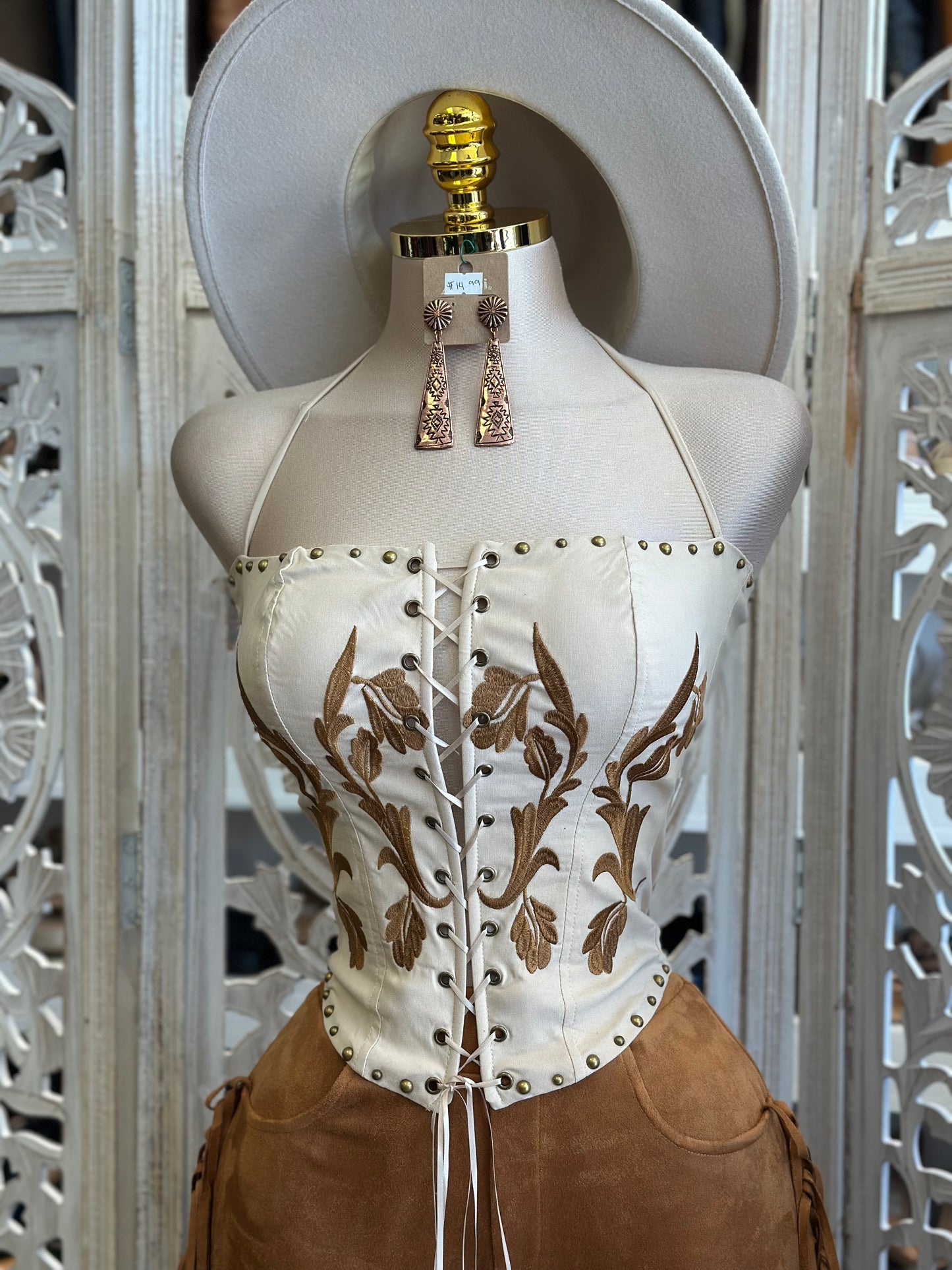 Tie Up Embroidered Western Corset- Estira, Stretchy