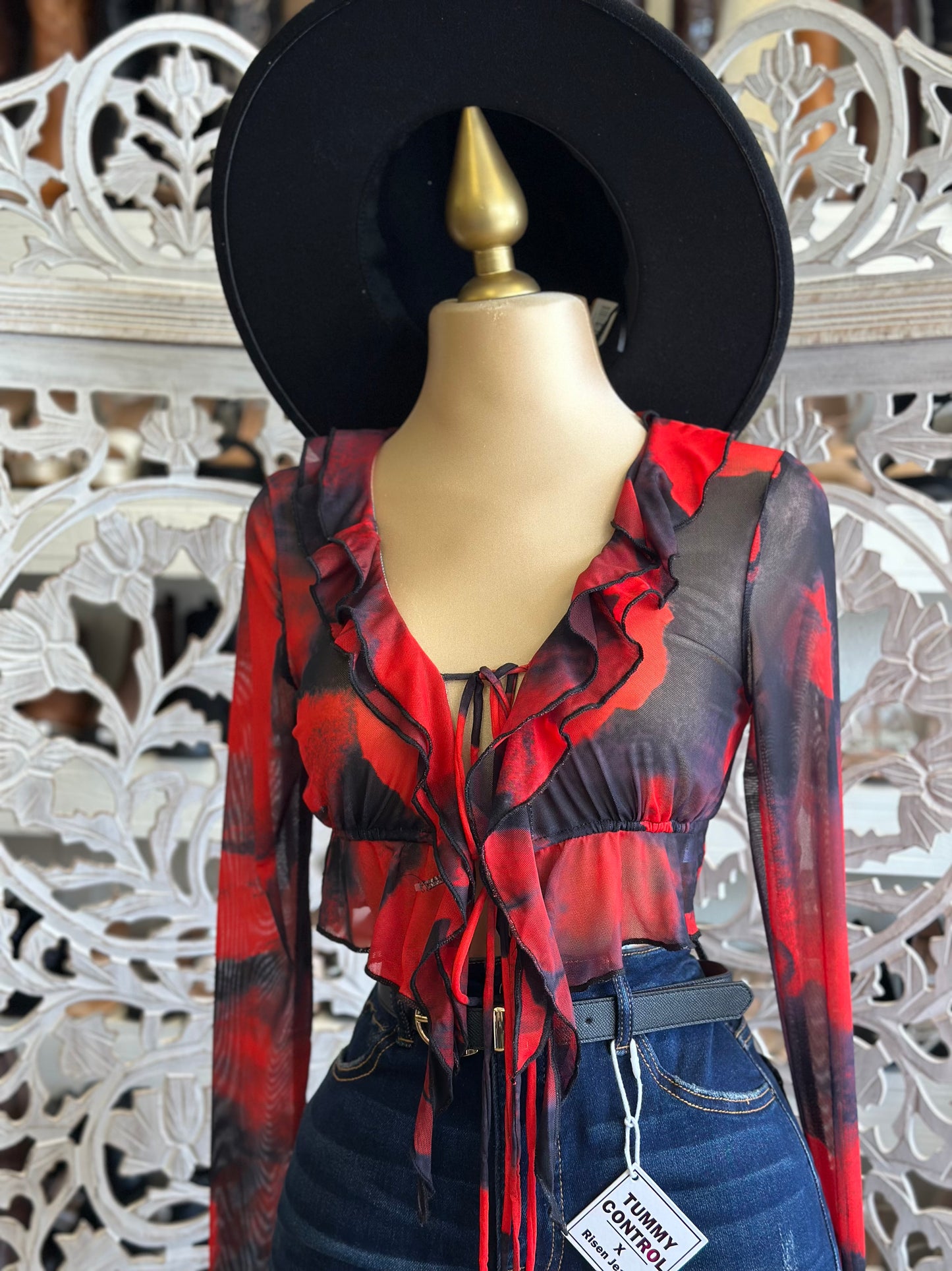 Mesh Red Floral Blouse - Estira, Stretchy