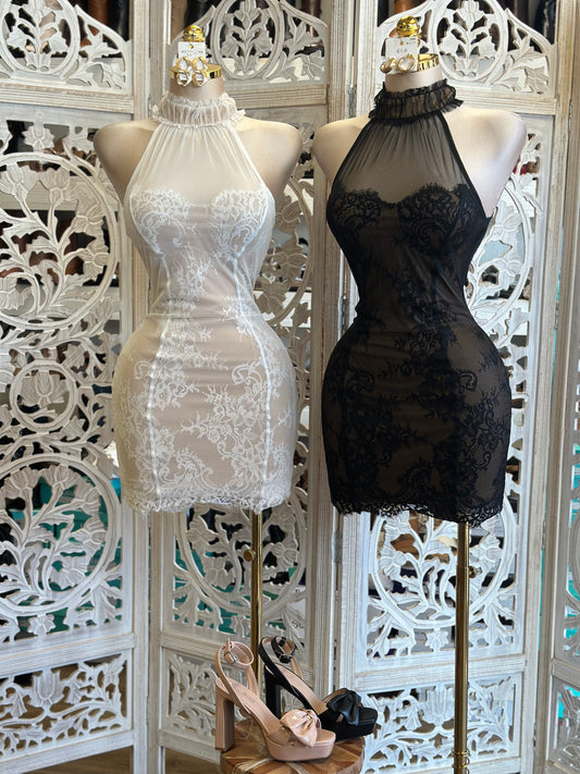 Lace Scrunched Neck Mini Dress- Stretchy,Estira