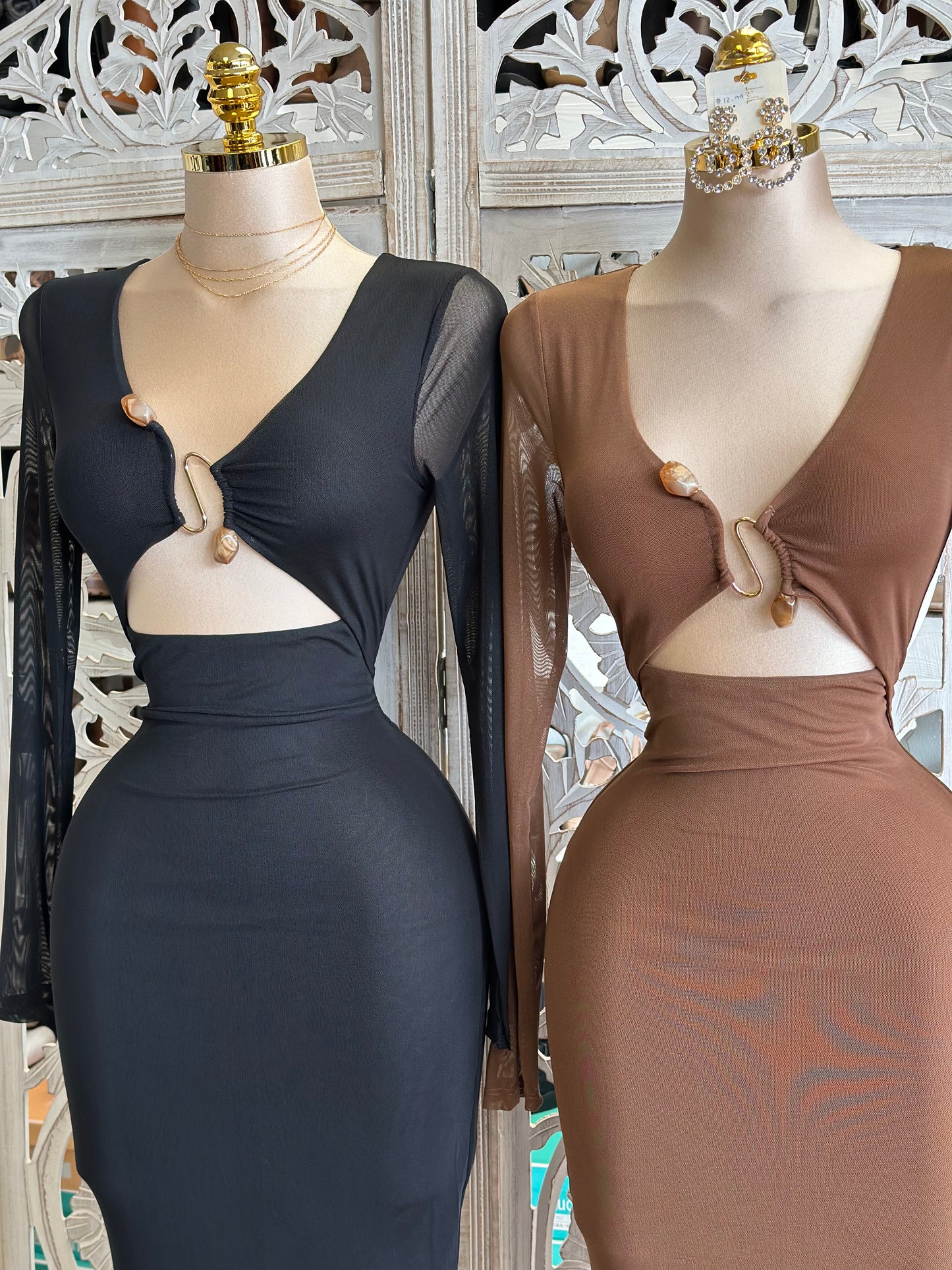 Stone Design Coutout Mesh Midi Dress- Stretchy,Estira