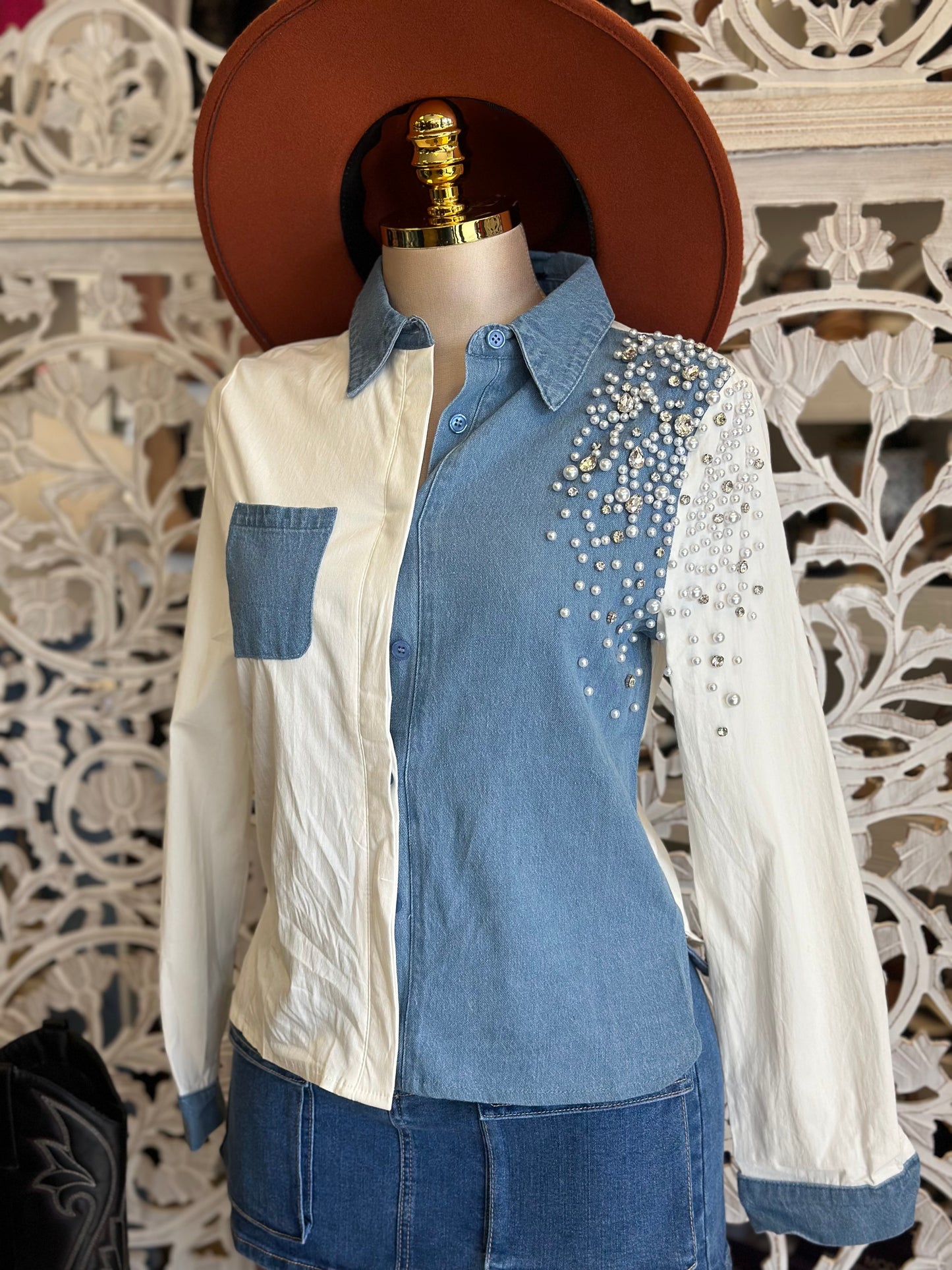 Colorblock Denim Pearl Blouse- Not Stretchy,No Estira
