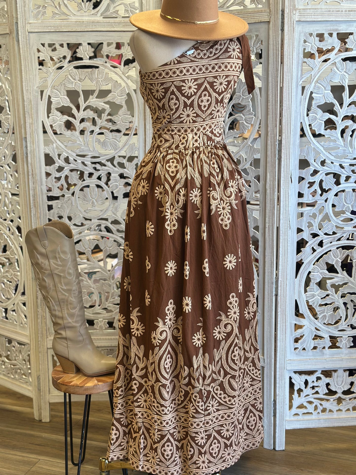 Boho One Sleeve Maxi Pattern Dress- No Estira, Not Stretchy