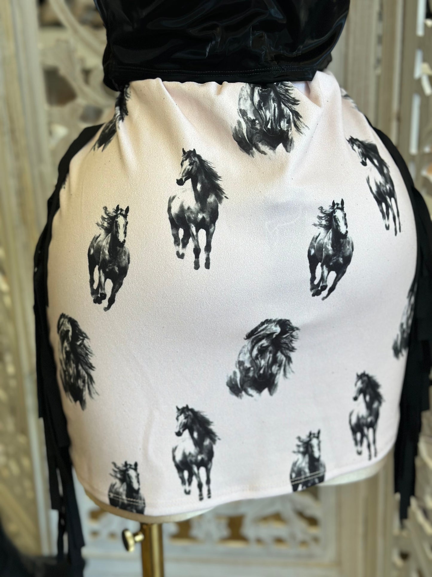 Horse Print Ruffle Mini Skirt-No Estira, Not Stretchy