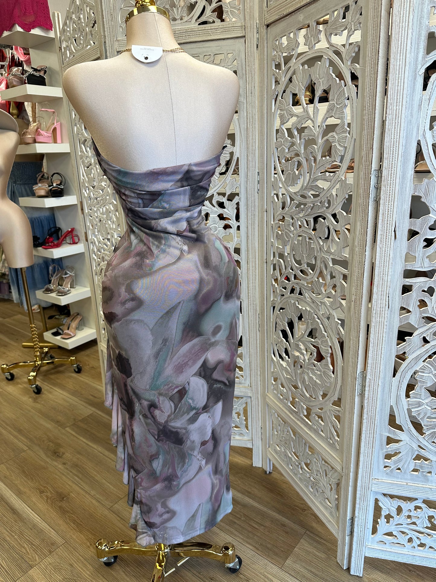 Tie Dye Ruffle Slit Strapless Dress - Estira, Stretchy