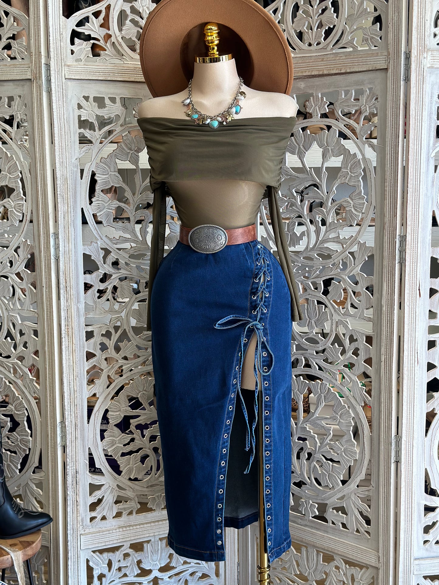 High Slit Tie Up Denim Skirt- Estira, Stretchy