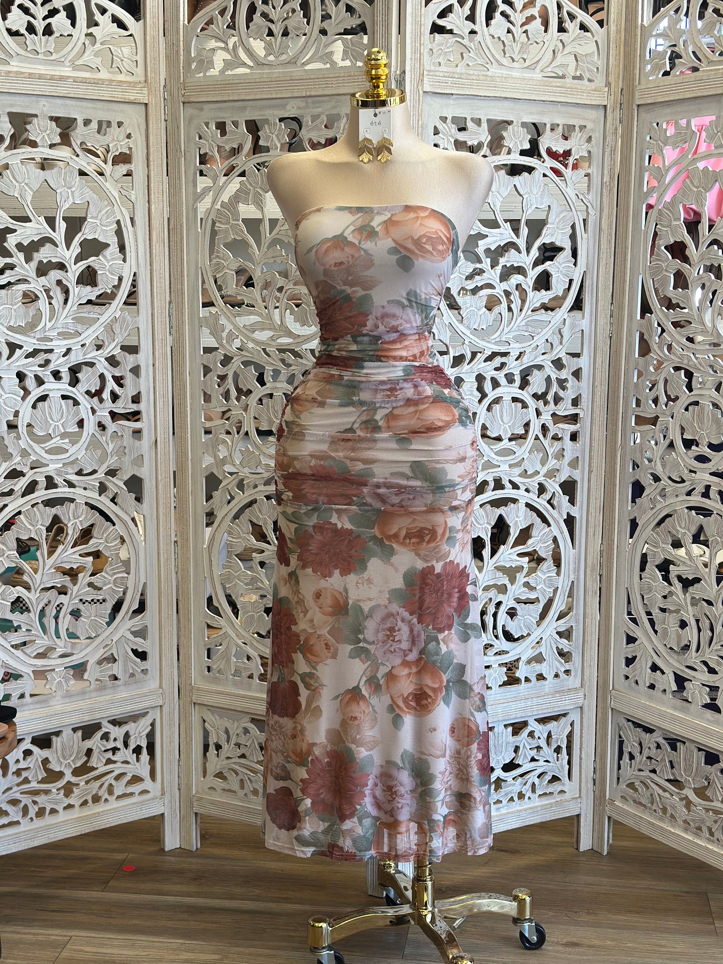 Rusted Floral Midi Dress- Stretchy, Estira