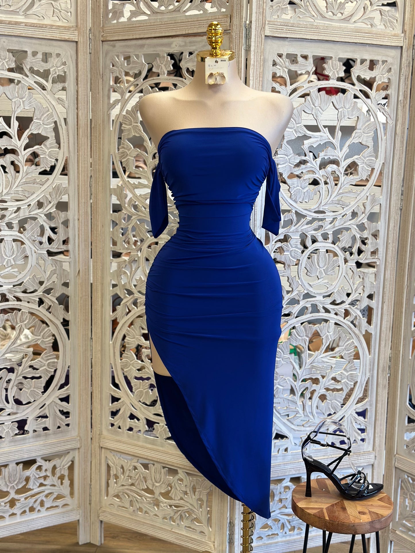 Royal Blue Off Shoulder Midi Slit Dress - Estira, Stretchy