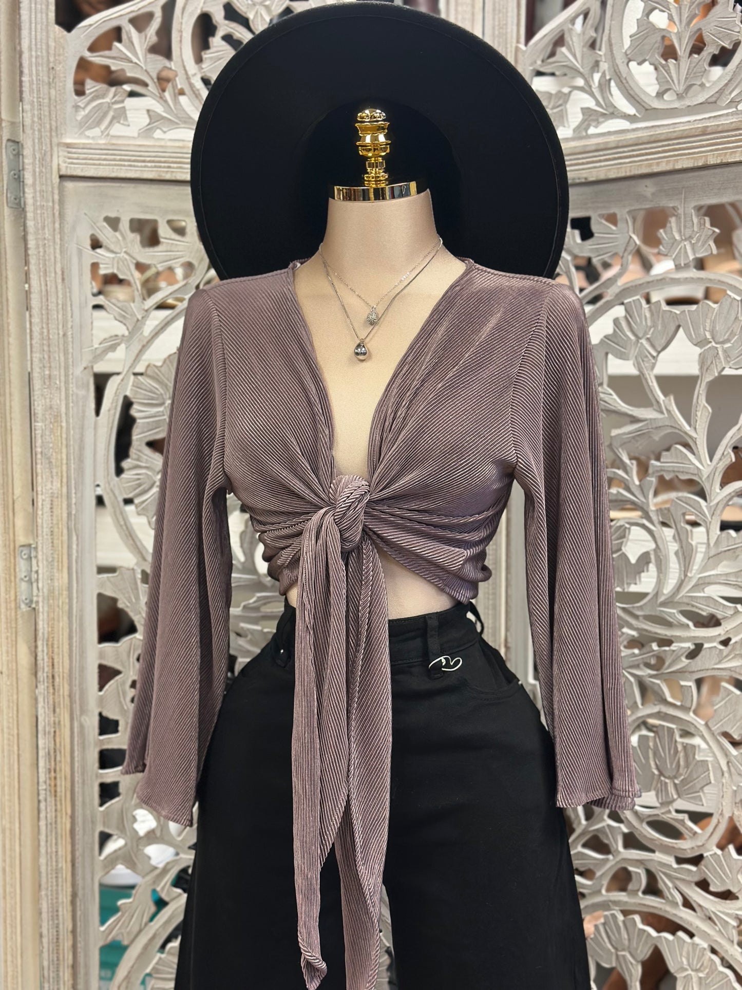 Dark Lavender Pleated Knot Blouse- Estira, Stretchy