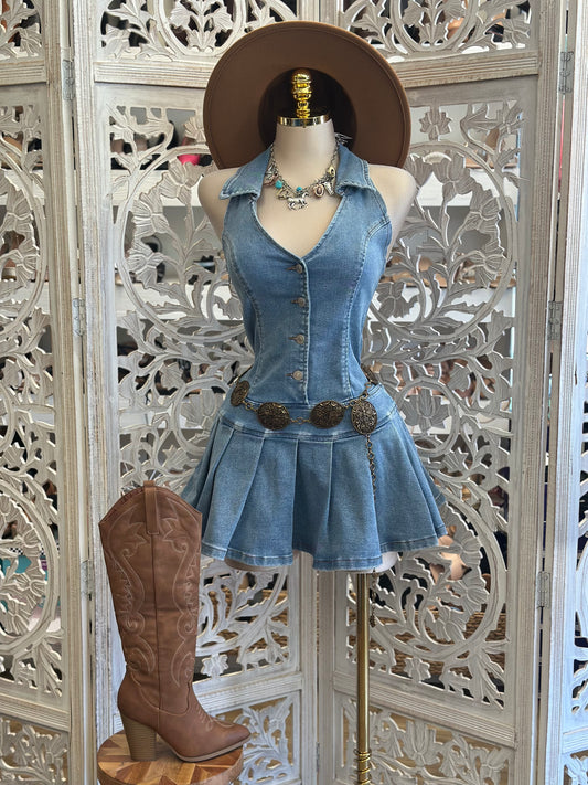 Collard Denim Fit and Flare Dress-Estira, Stretchy