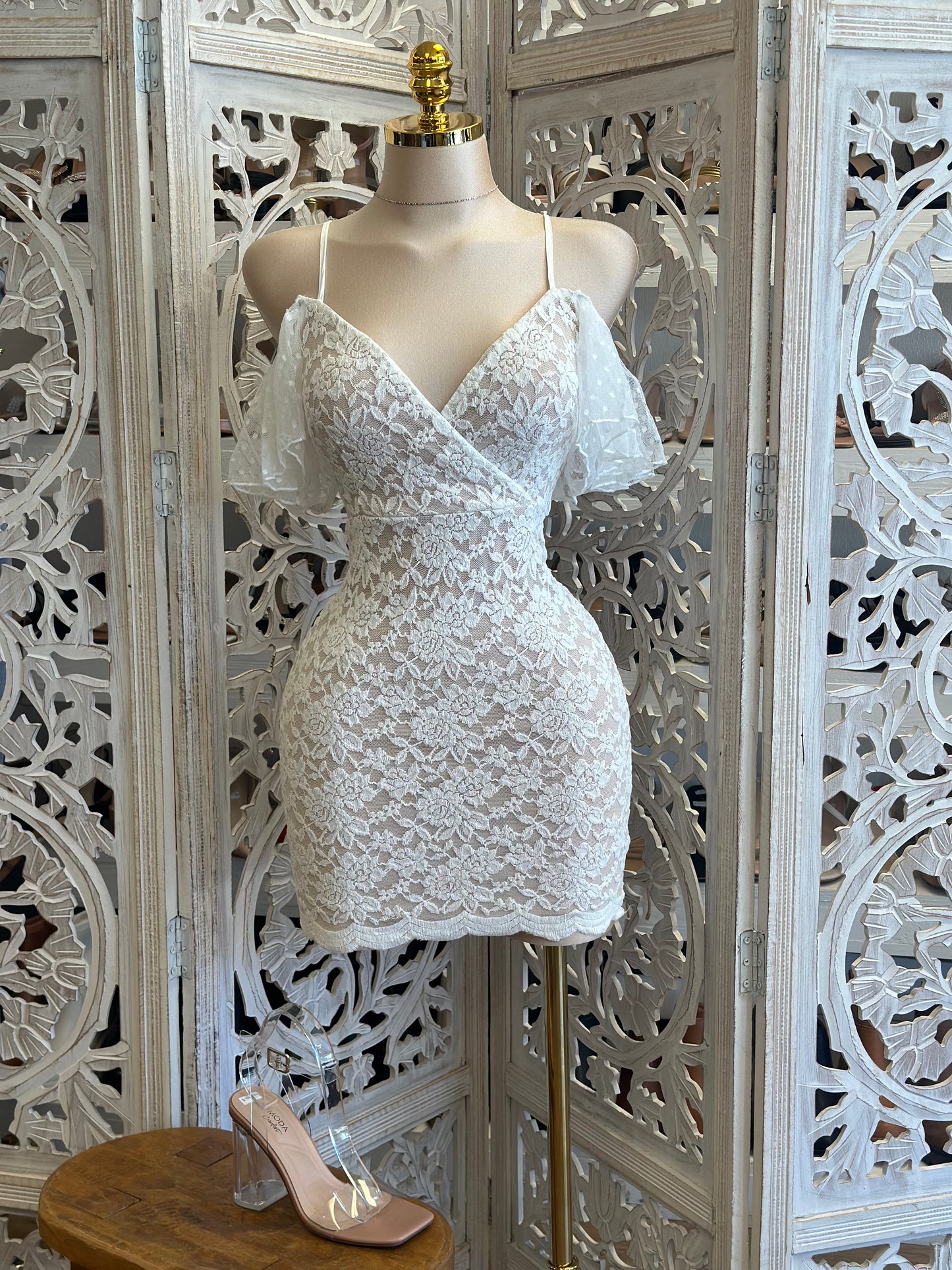 Cross Front Lace Mini Dress- Stretchy, Estira
