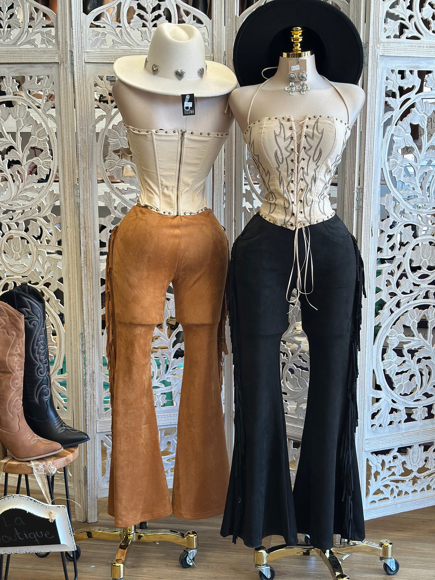 Suede Fringe Flare Pants - Estira, Stretchy