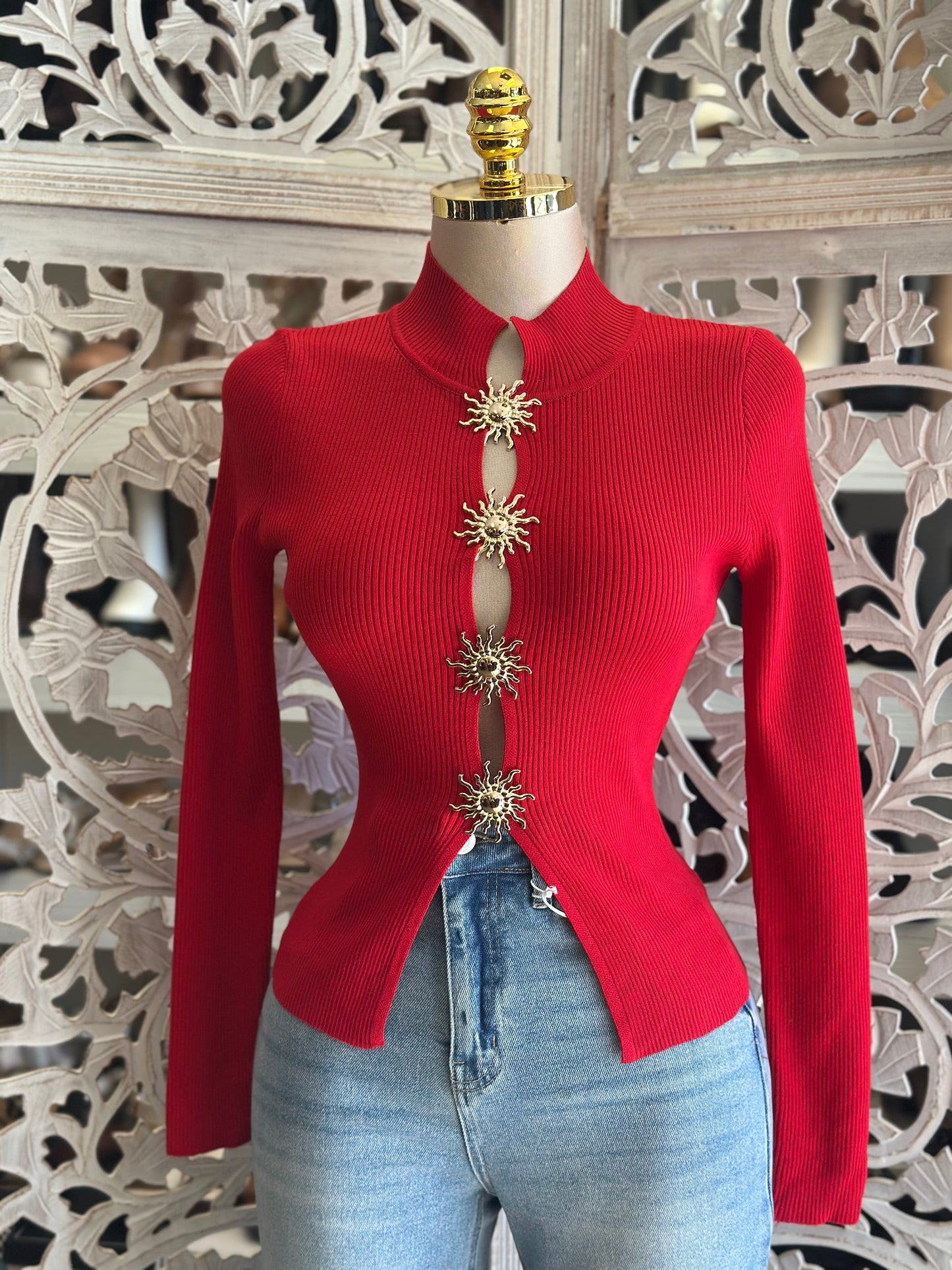 Red Sol Button Ribbed Sweater Top- Estira, Stretchy