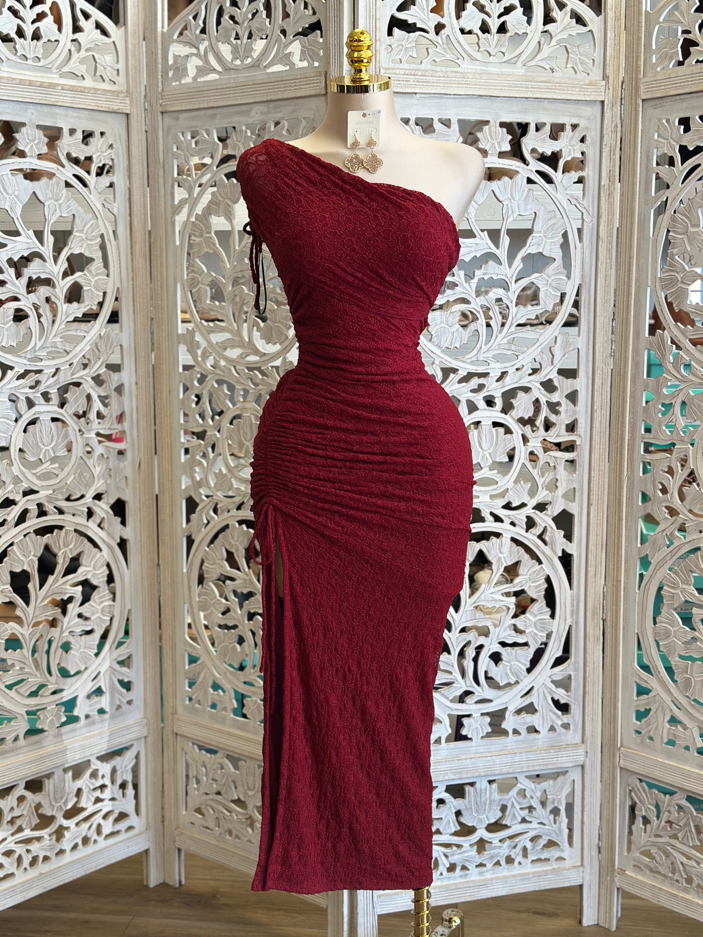 Burgundy Lace Asymmetrical Dress- Stretchy, Estira