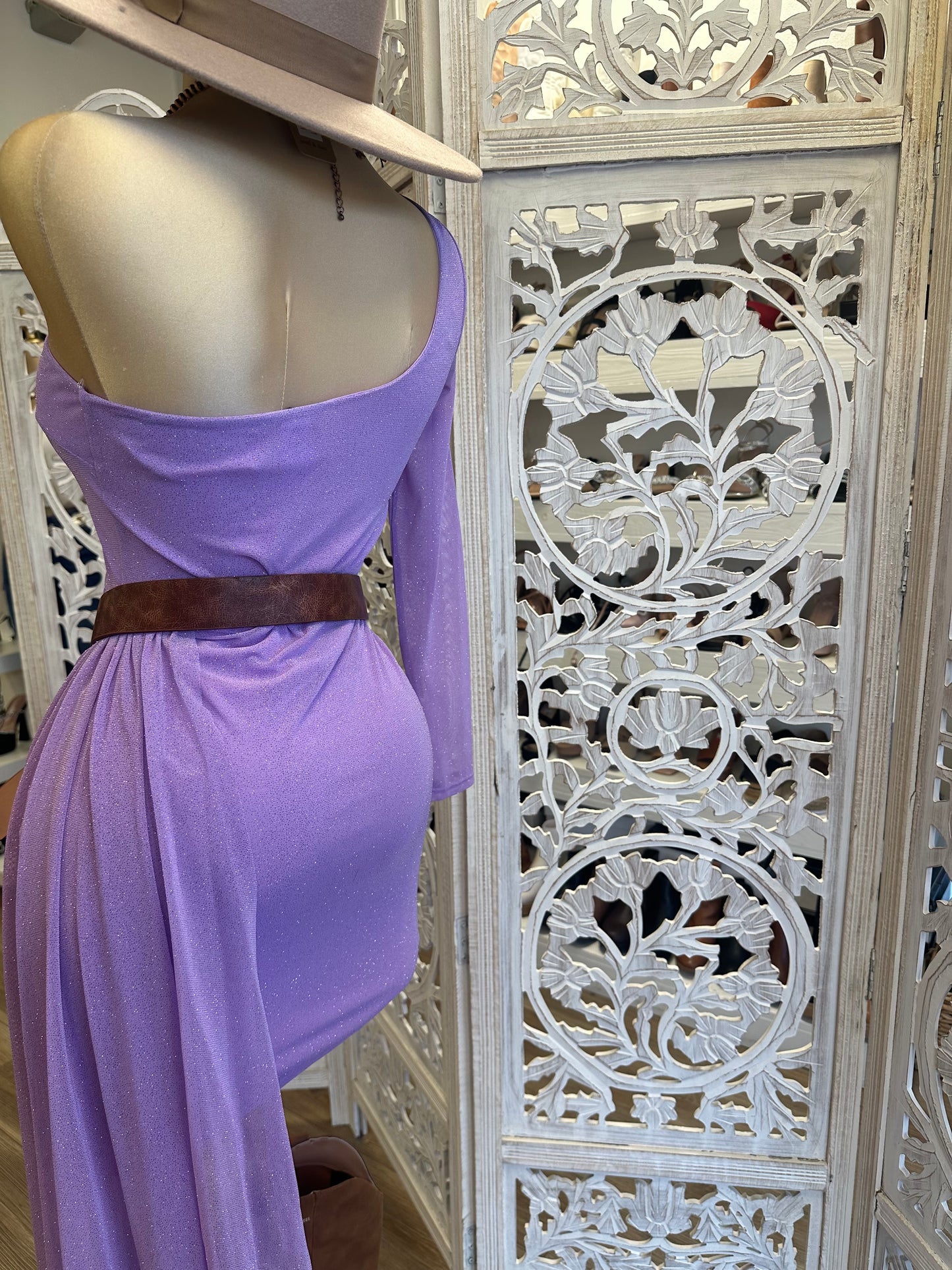 Glitter Purple Off Shoulder Tailed Dress- Stretchy venta final ..