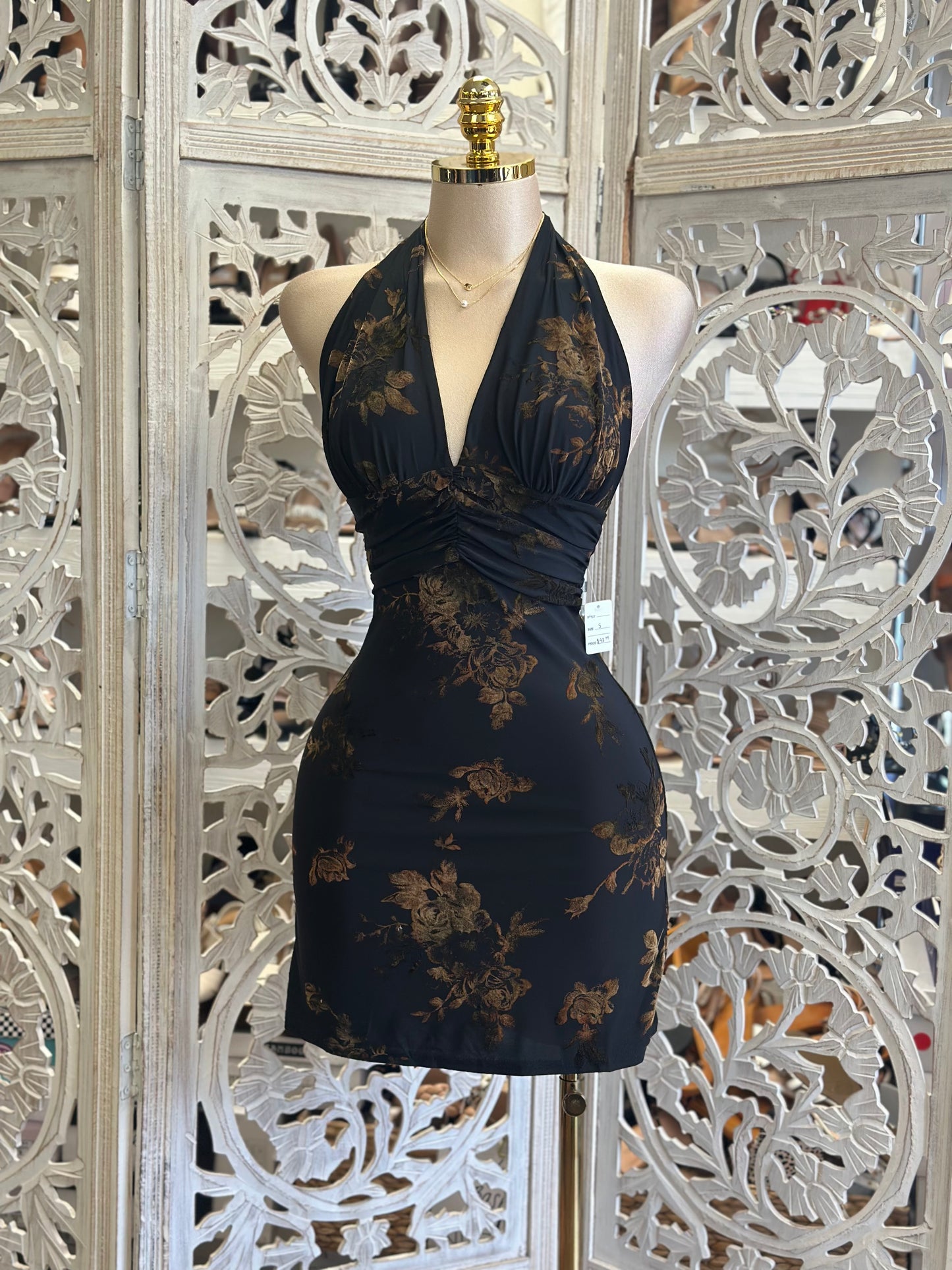 Deep V Open Back Fall Floral Mini Dress - Estira , Stretchy