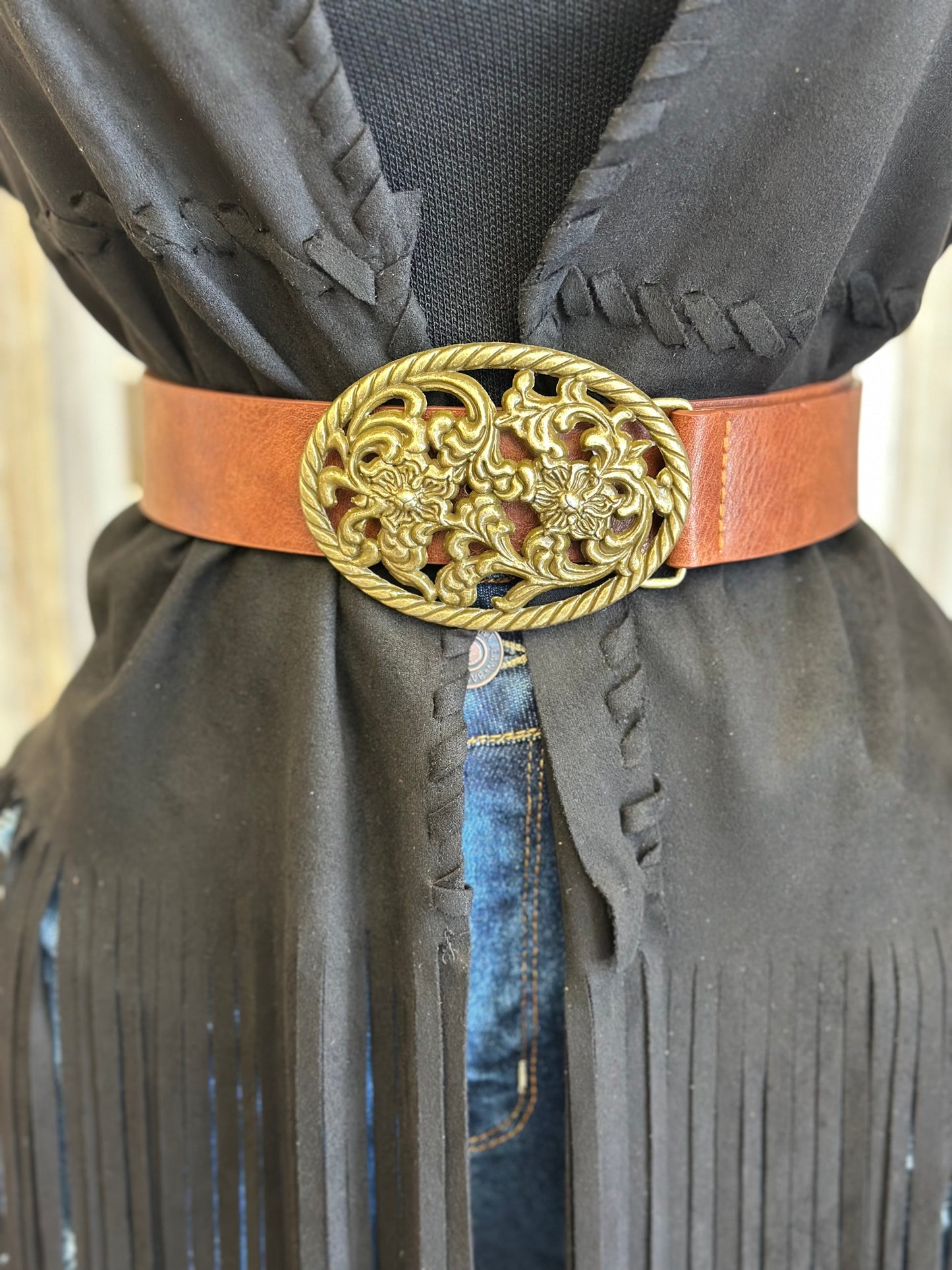 Brown Floral Buckle Western Belt