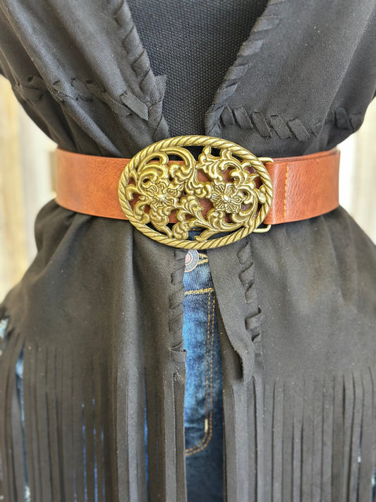 Brown Floral Buckle Western Belt