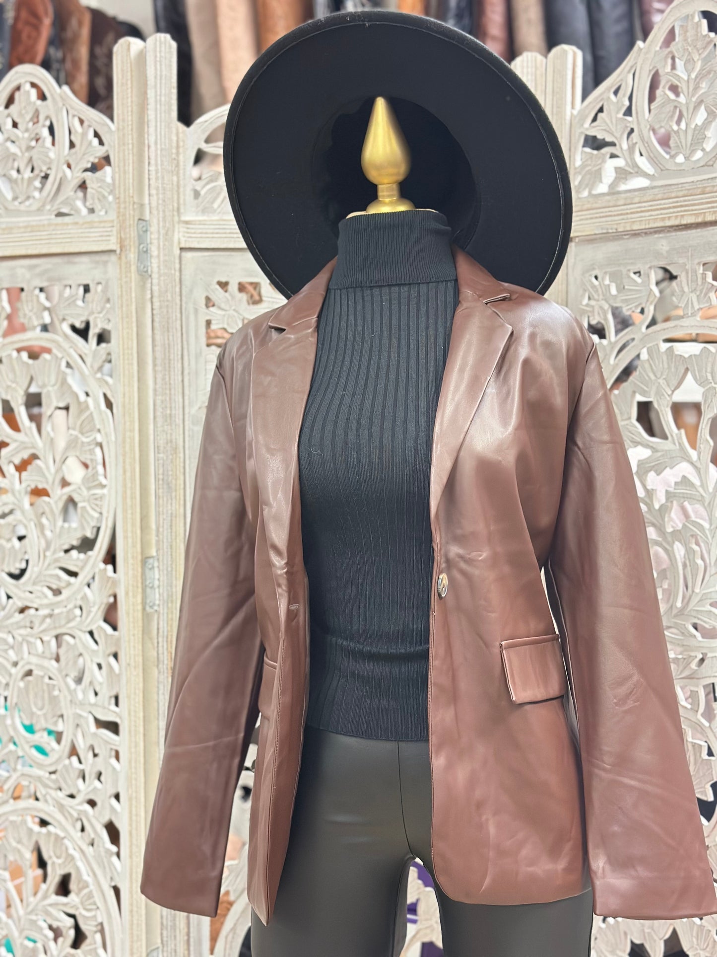 Chocolate Faux Leather Blazer Coat- Stretchy, Estira
