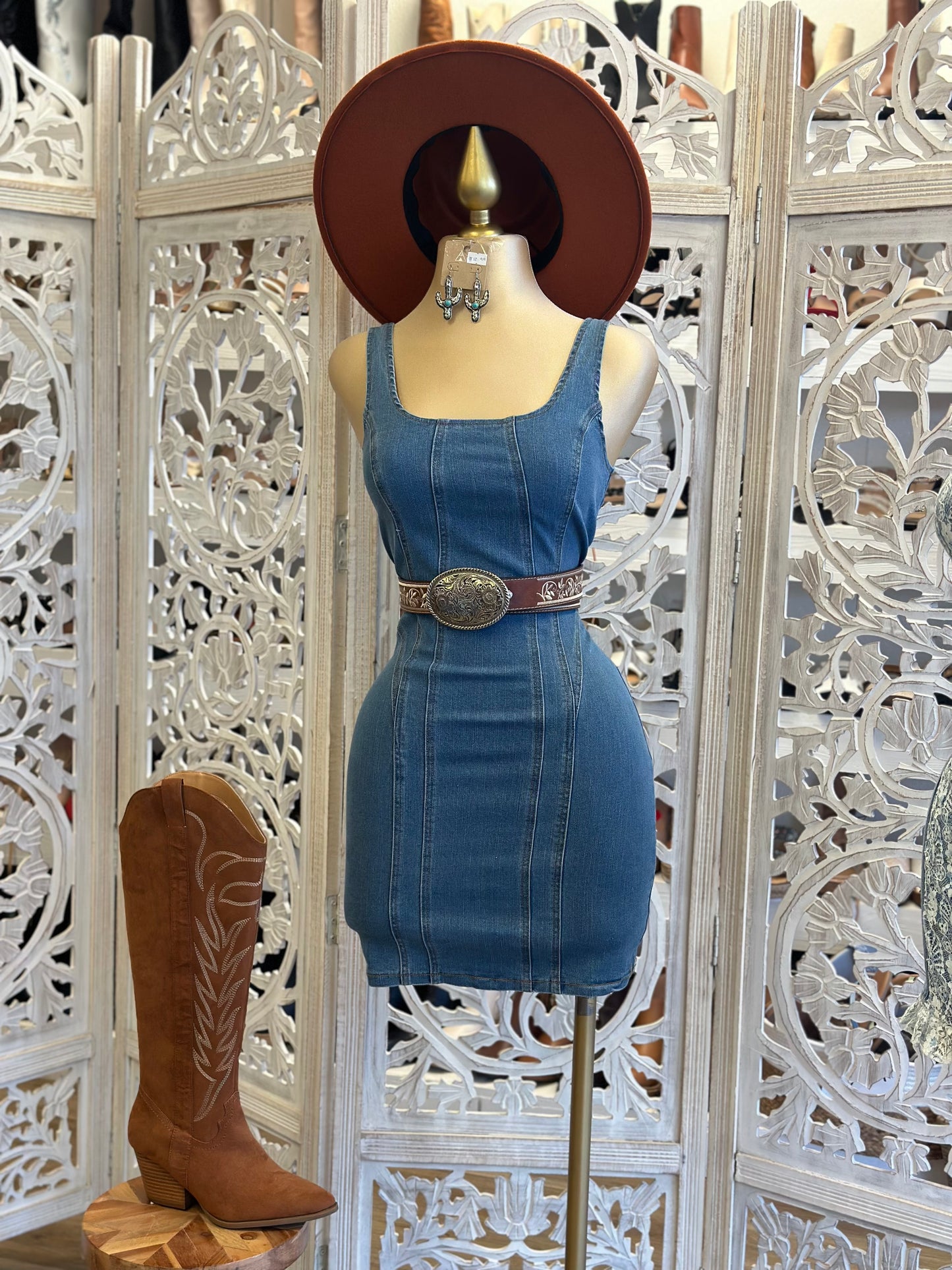 Scoop Back Denim Mini Dress - Estira, Stretchy