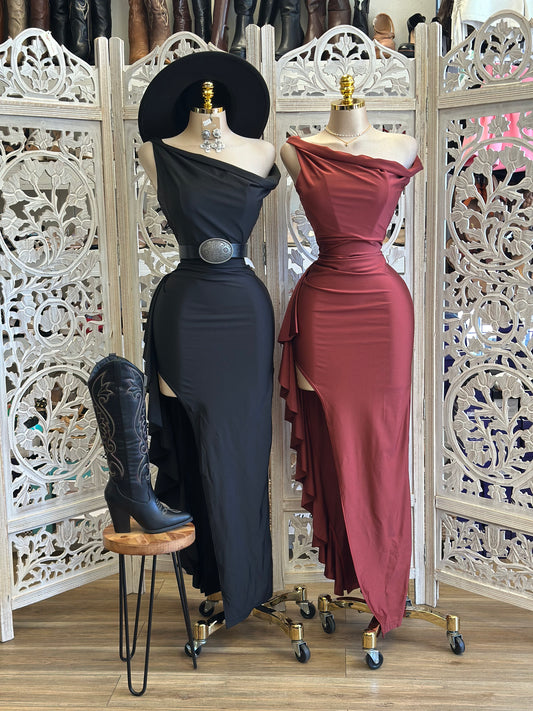Asymmetrical Side Ruffle Dress - Estira, Stretchy
