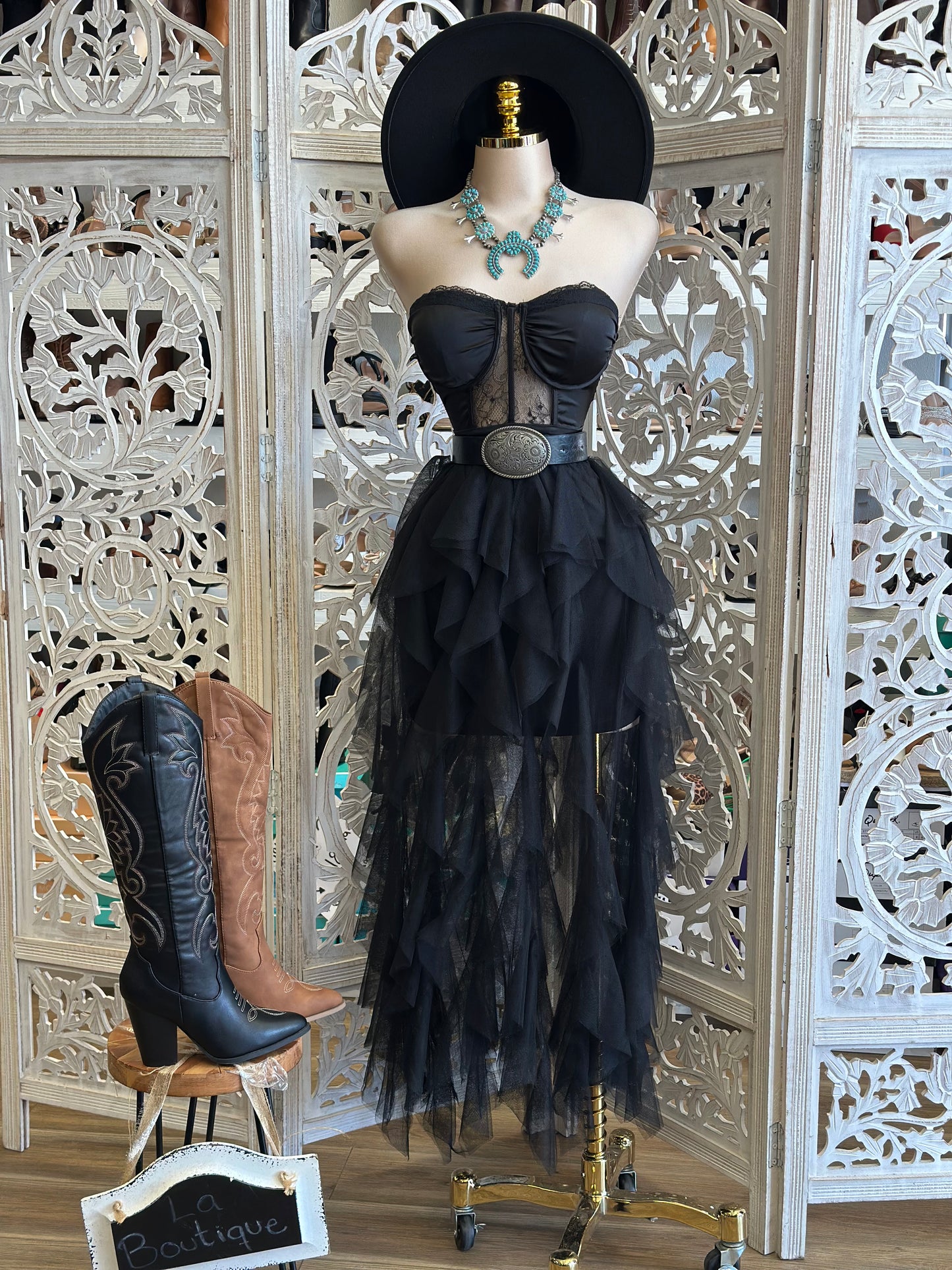 Black Ruffle Strapless Dress- Not Stretchy,No Estira