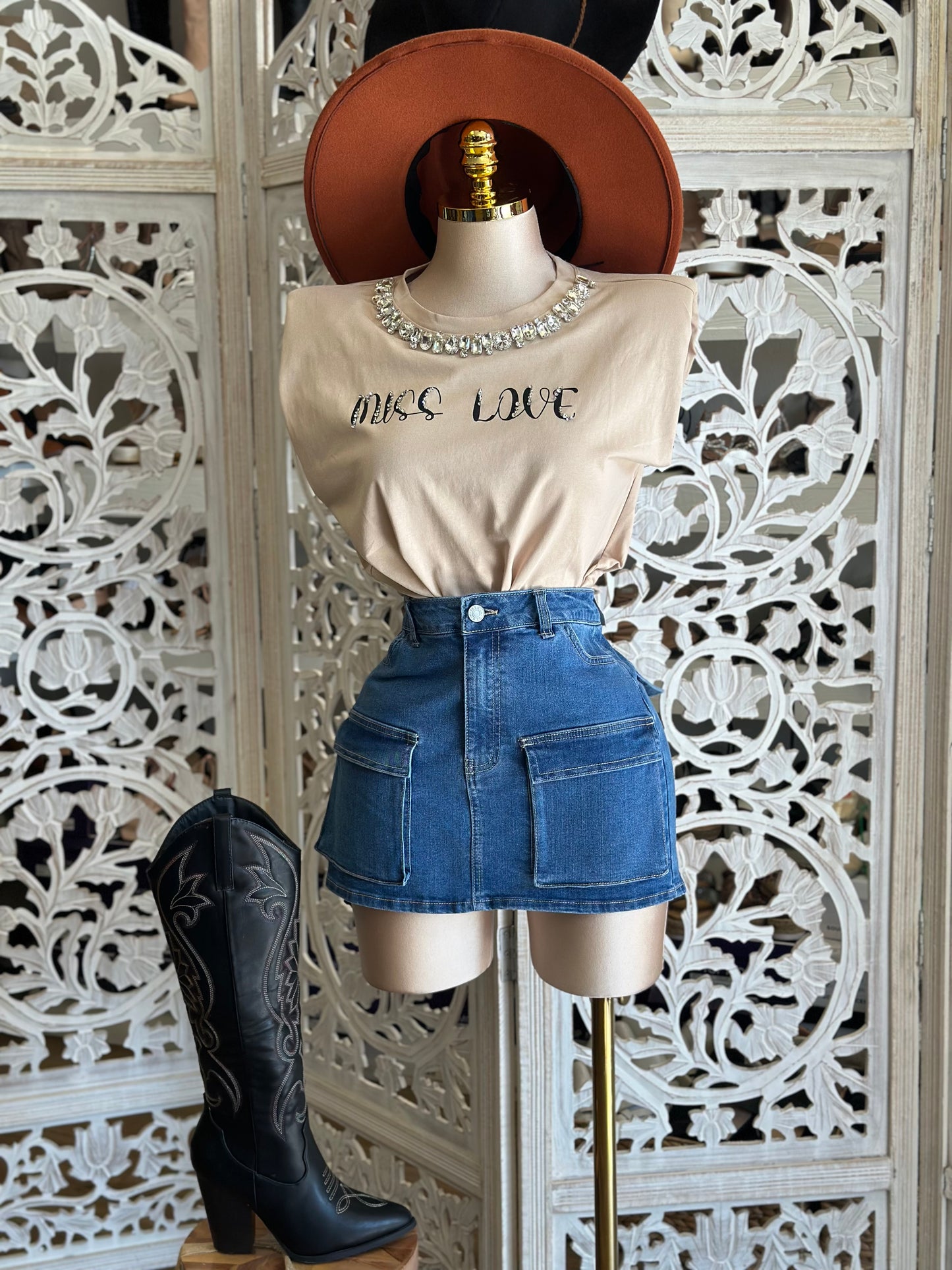 Beige Miss Love Rhinestone Graphic Tee- Stretchy,Estira