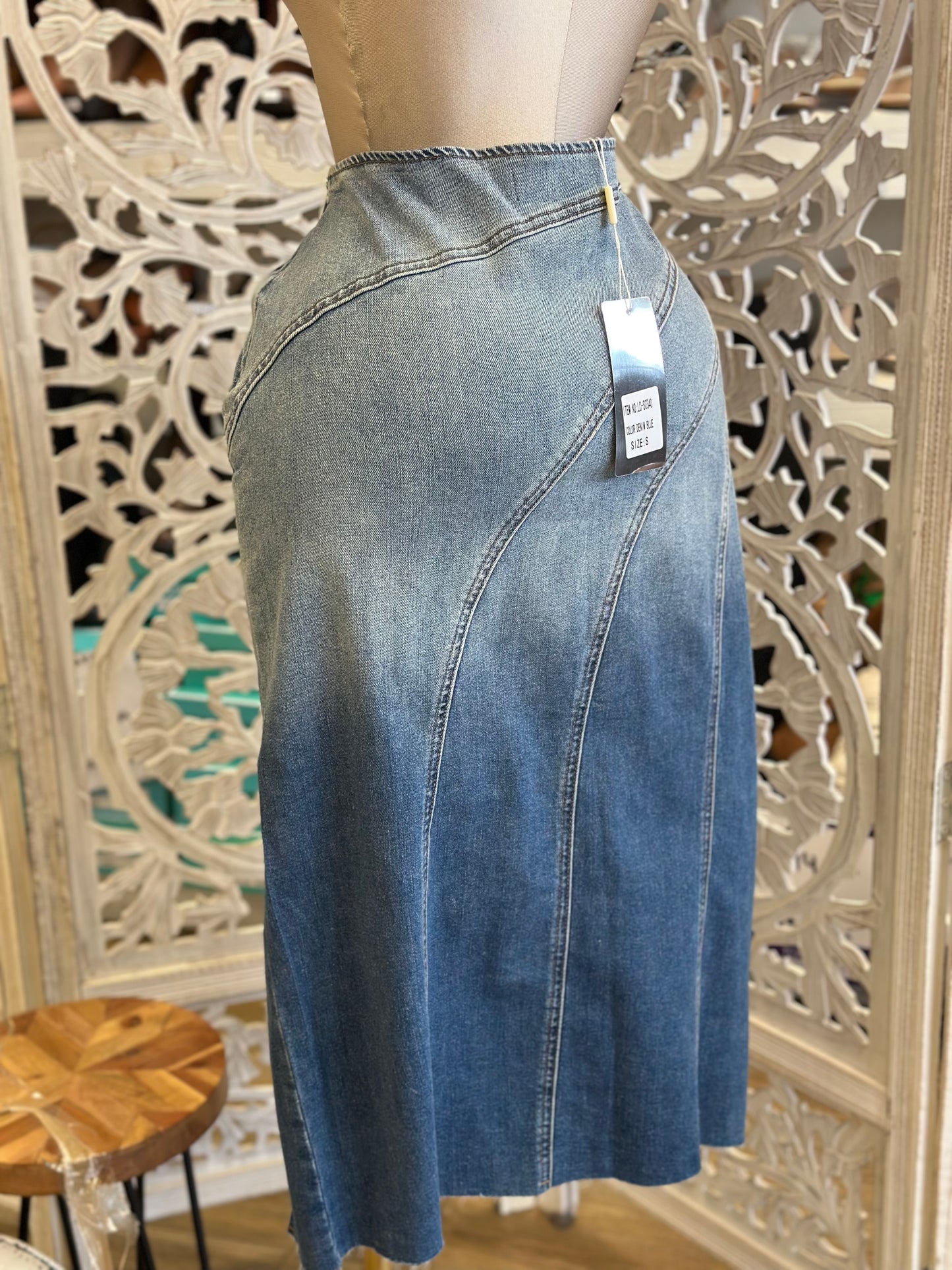 Denim Aymmetrical Rhinestone Midi Skirt-Estira, Stretchy
