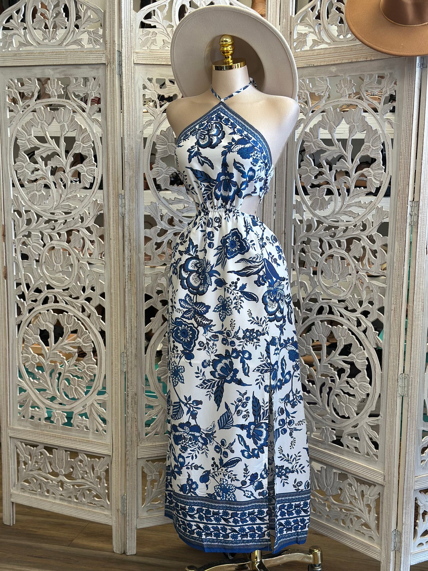 Cutout Blue Floral Maxi Dress-Estira, Stretchy