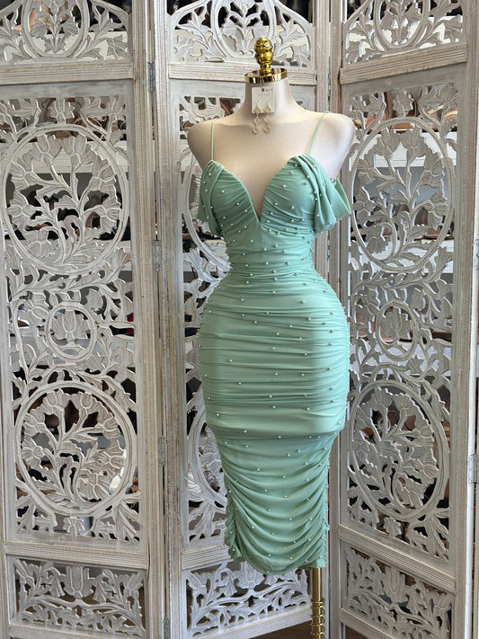 Green Heartline Pearl Embellished Ruched Dress- Stretchy,Estira