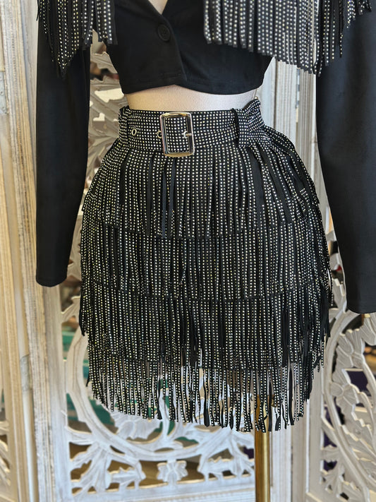 Beaded Fringe Ruffle Mini Skirt-No Estira, Not Stretchy