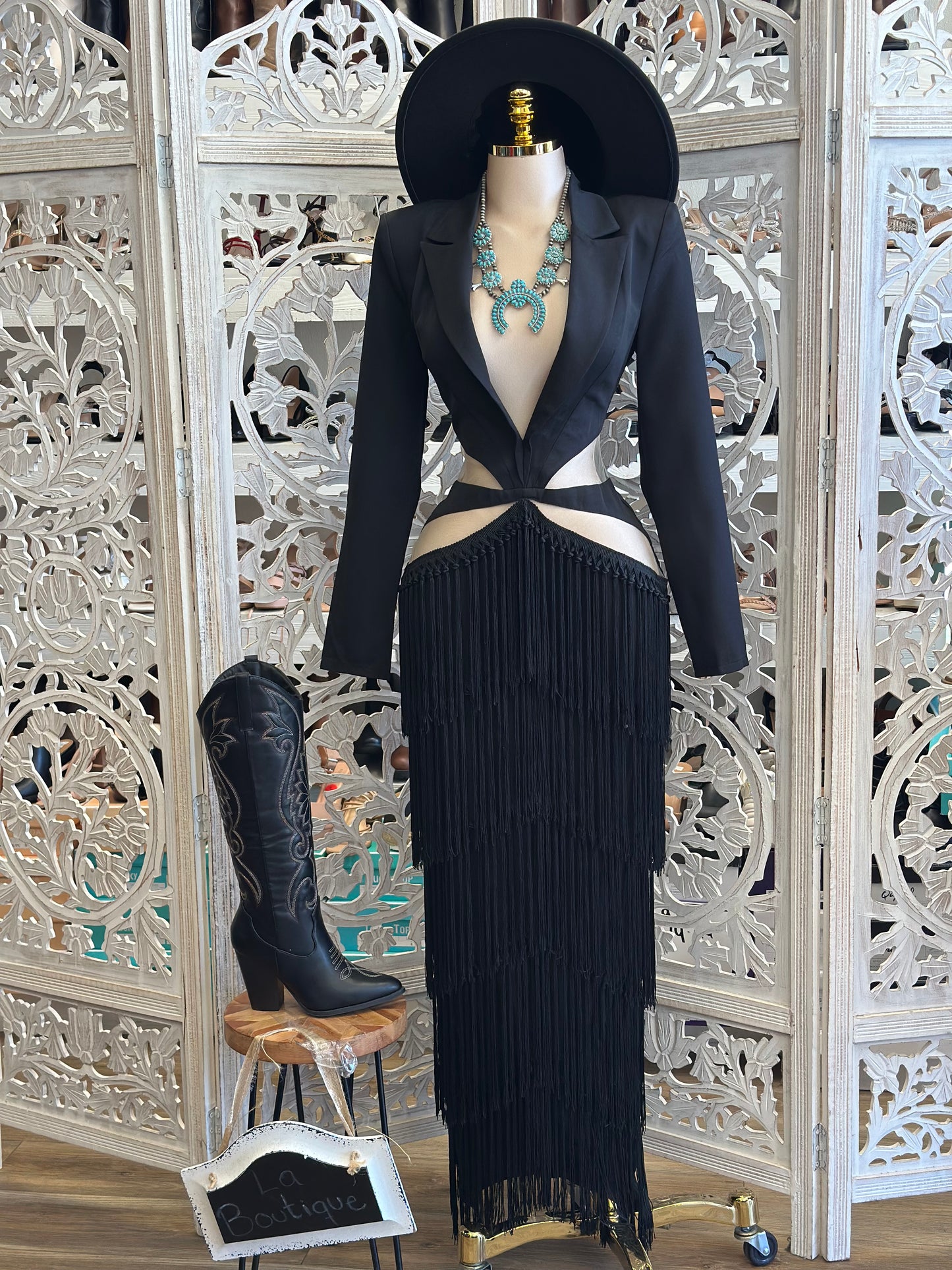 Fringe Hip Cutout Black Dress-No Estira, Not Stretchy