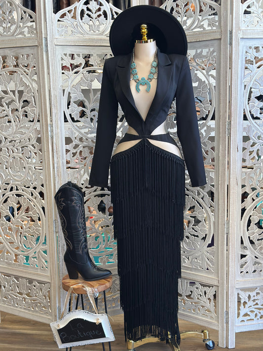 Fringe Hip Cutout Black Dress-No Estira, Not Stretchy