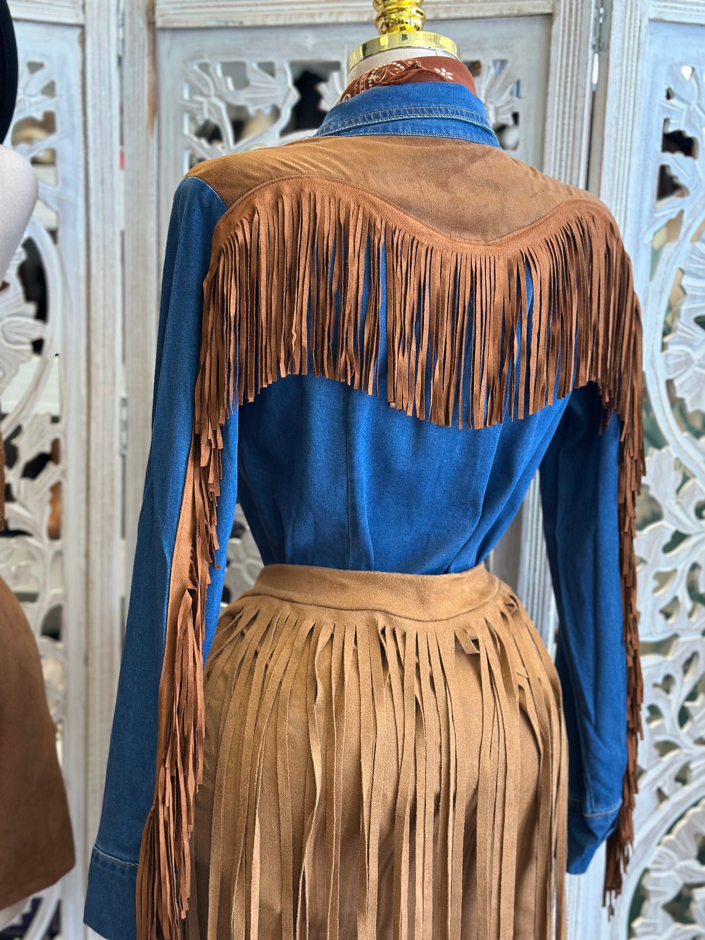 Denim Gold Button Fringe Blouse- Estira, Stretchy