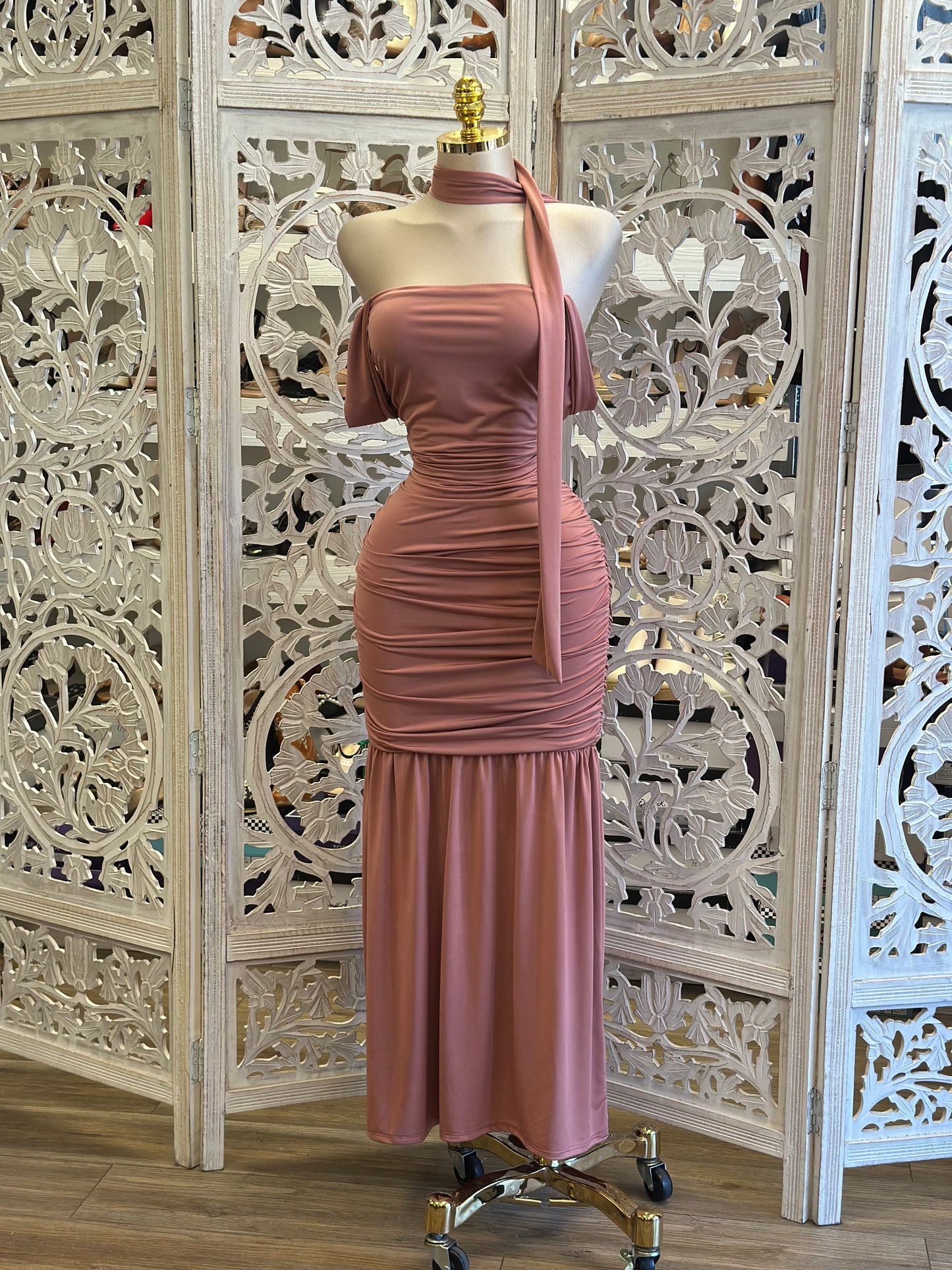 Off Shoulder Scarfed Midi Dress- Stretchy, Estira