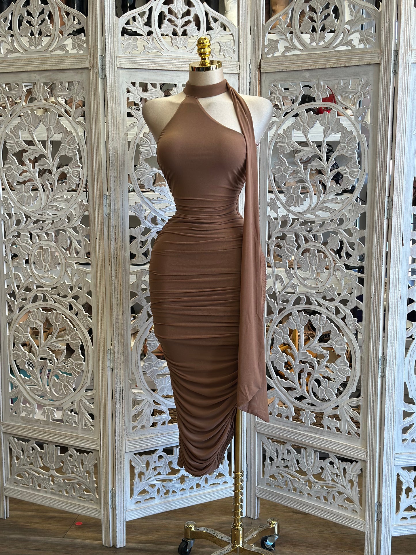 Brown Ruched Scarfed Midi Dress -  Estira, Stretchy