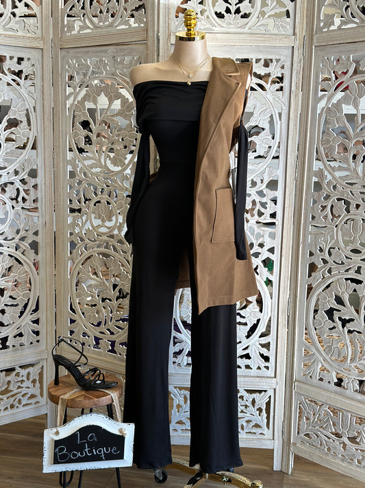 Off Shoulder Solid Black Jumpsuit- Stretchy, Estira