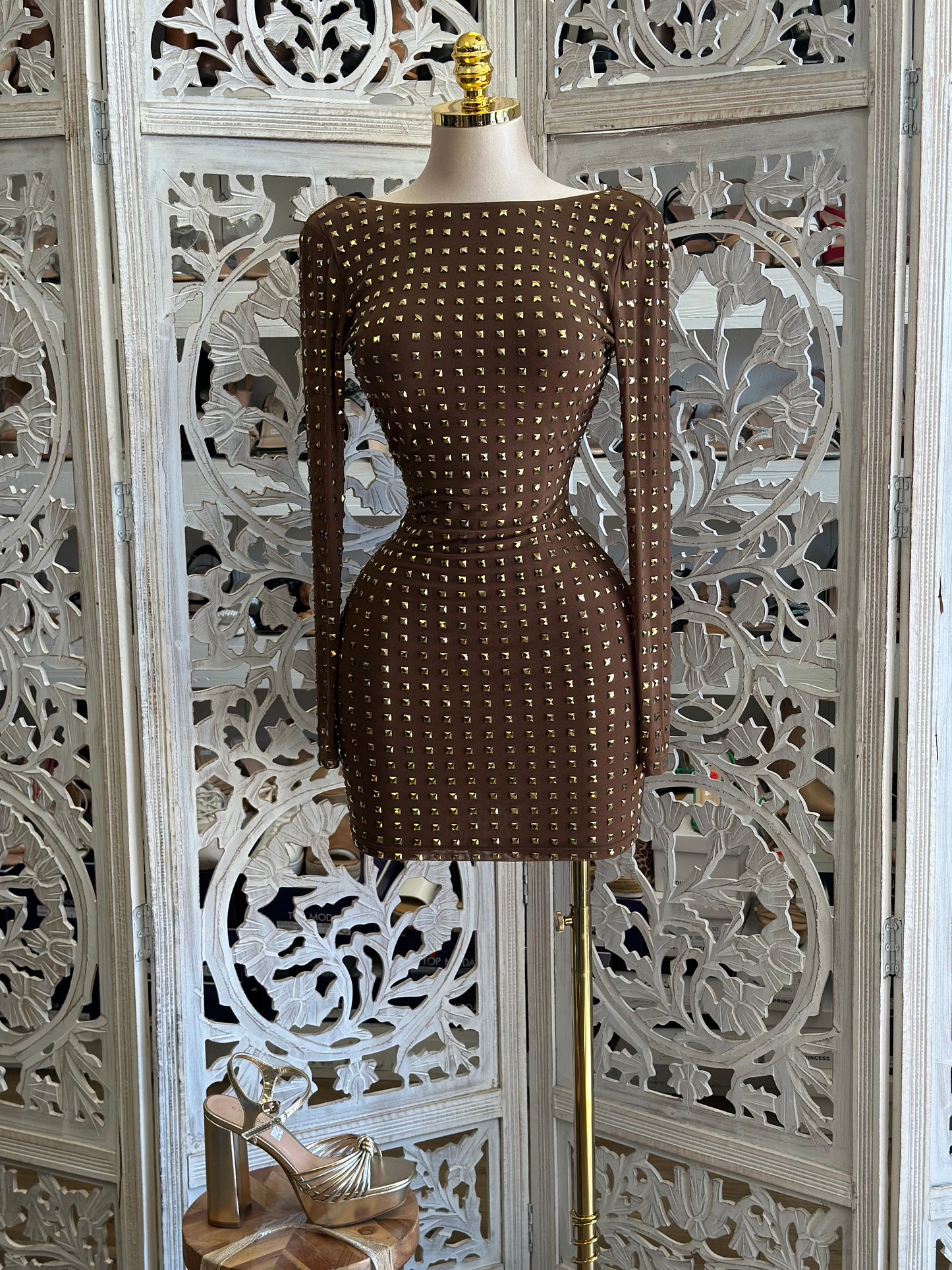 Gold Rhinestone Scoop Back Mini Dress- Stretchy, Estira