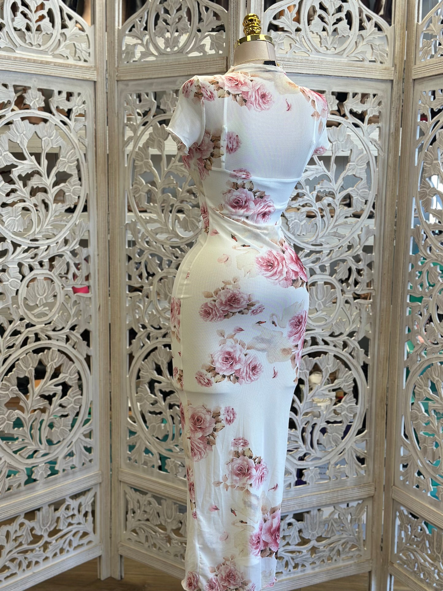 Mesh Floral Midi Dress- Stretchy, Estira
