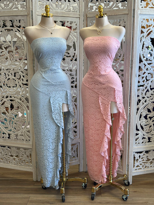 Lace High Slit Strapless Ruffle Dress - Estira, Stretchy