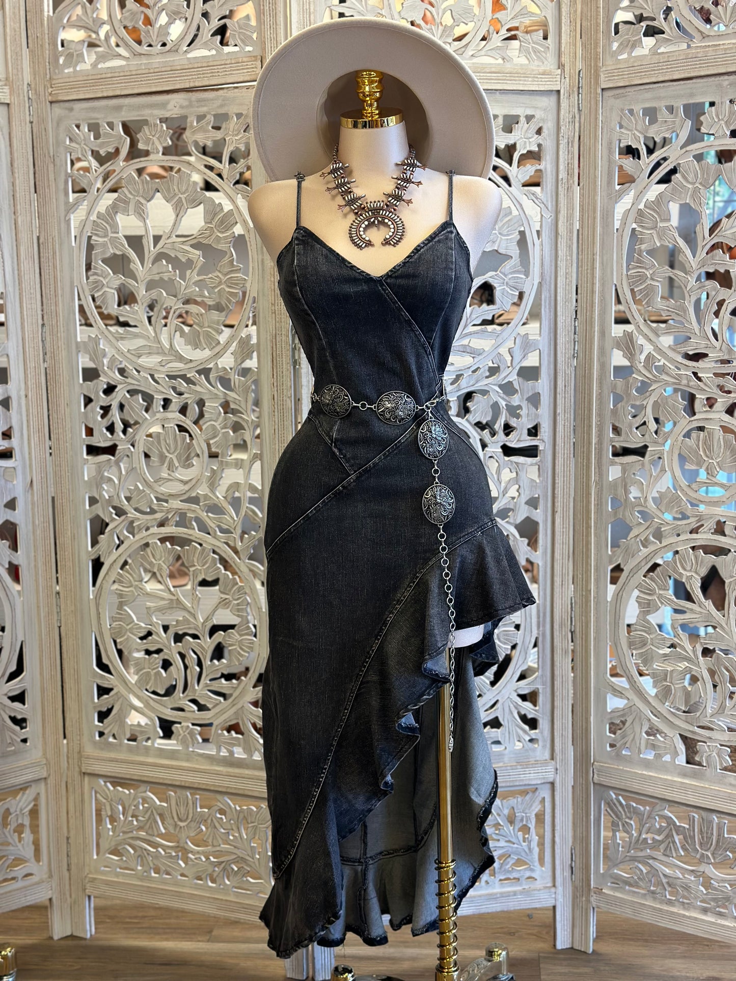 Black Denim Maxi Ruffled Dress- Stretchy, Estira