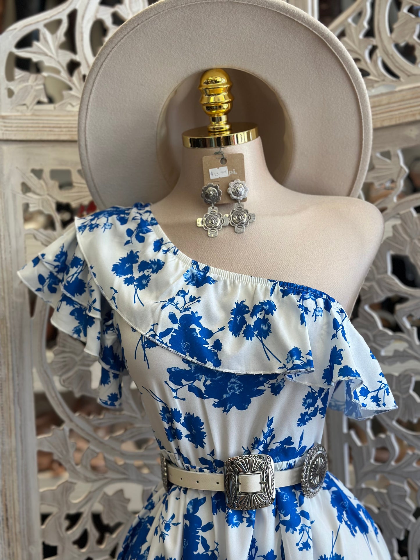 One Sleeve Ruffle Blue Floral Midi Dress-Estira, Stretchy