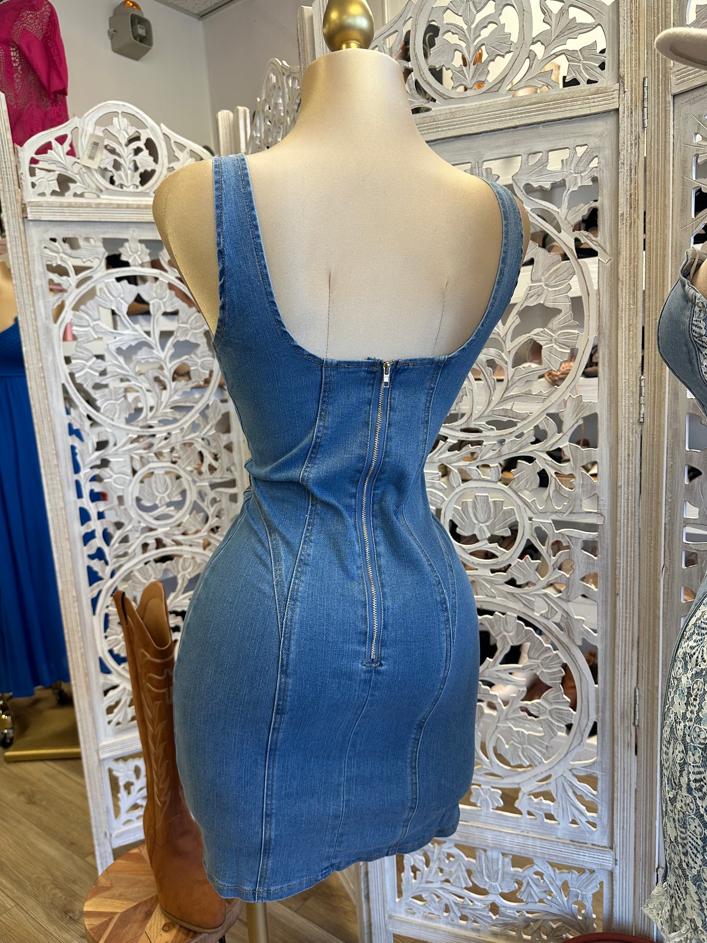 Scoop Back Denim Mini Dress - Estira, Stretchy