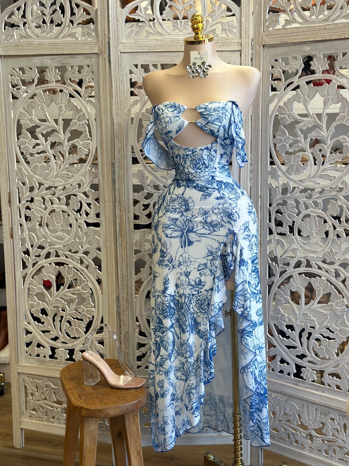 Blue Floral Keyhole Cutout Midi Dress- Stretchy, Estira
