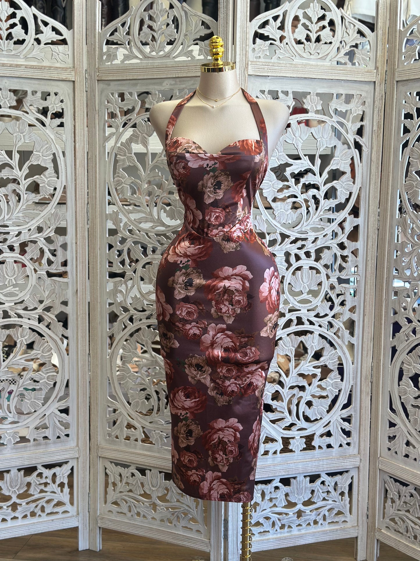 Backless Rose Wine Floral Midi Dress- Stretchy