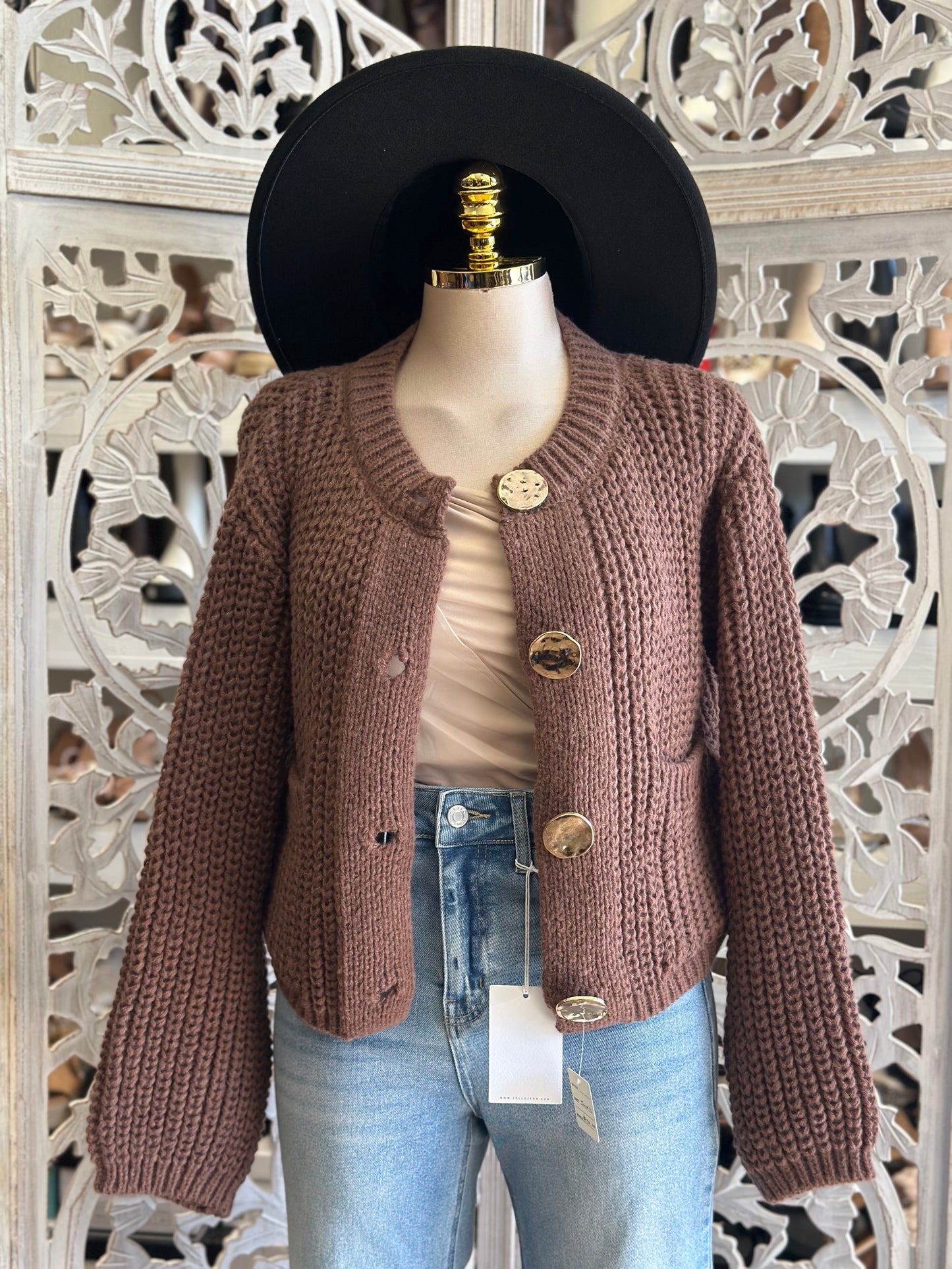 Round Neck Crochet Gold Button Up Sweater