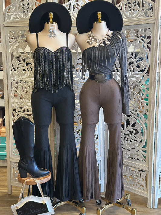Suede Fringe Bell Bottom Western Pants - Estira, Stretchy